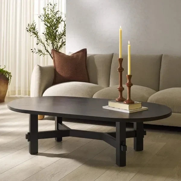 Tabytha Elm Wood Coffee Table in Black with Oversized Oval Top - The Mayfair Hall