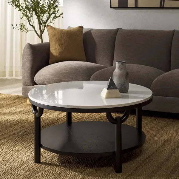 Puck Marble Top Coffee Table in Black/White with Wooden Base - The Mayfair Hall