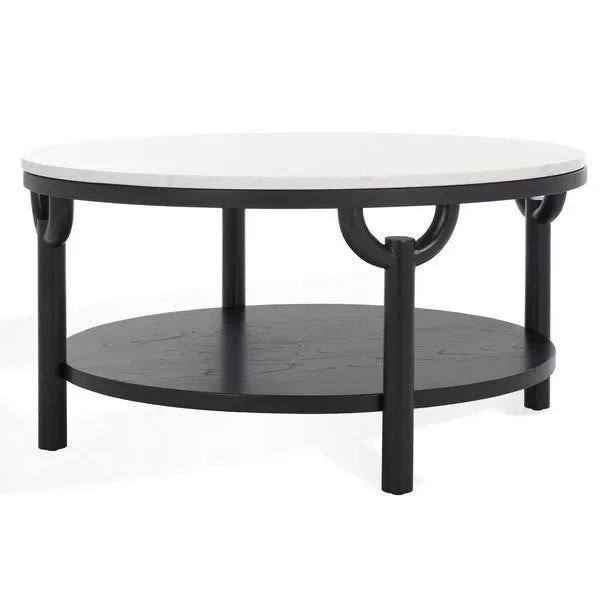 Puck Marble Top Coffee Table in Black/White with Wooden Base - The Mayfair Hall
