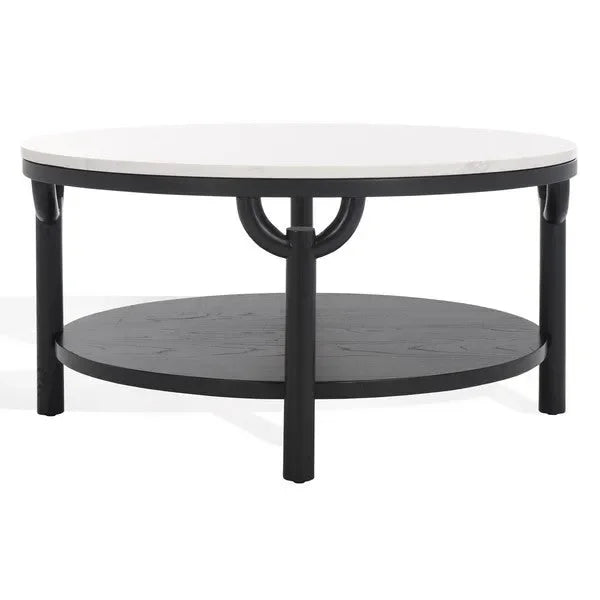 Puck Marble Top Coffee Table in Black/White with Wooden Base - The Mayfair Hall