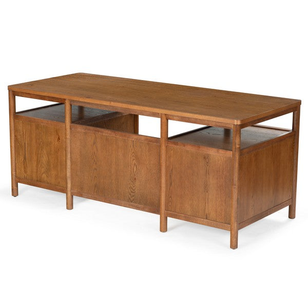 Jaylessa 4 Wood Drawer Desk in Medium Oak with Black Handles