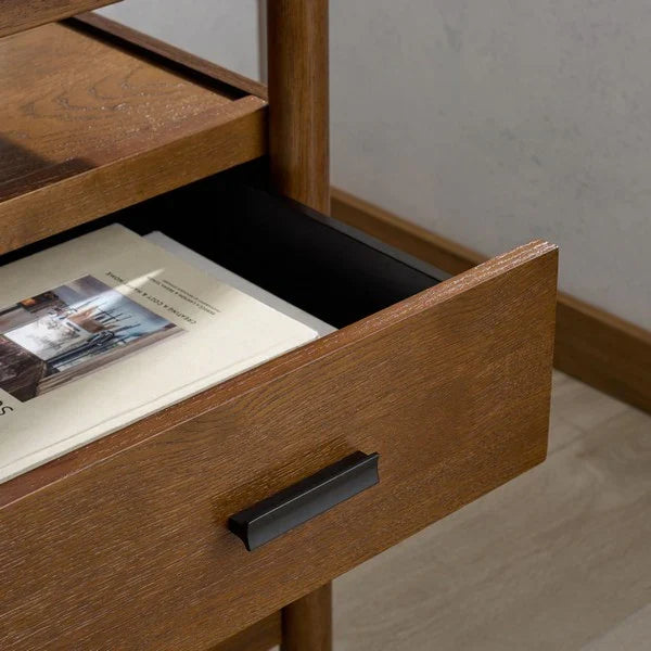 Jaylessa 4 Wood Drawer Desk in Medium Oak with Black Handles
