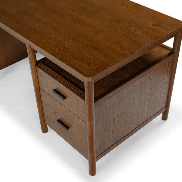 Jaylessa 4 Wood Drawer Desk in Medium Oak with Black Handles