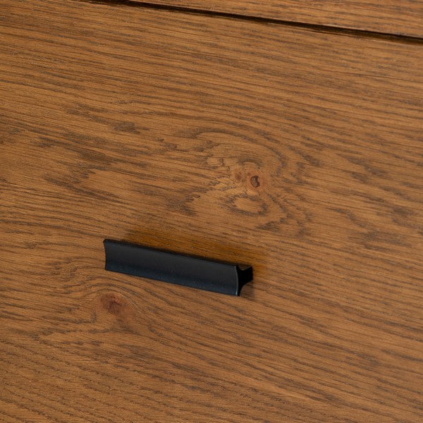 Jaylessa 4 Wood Drawer Desk in Medium Oak with Black Handles