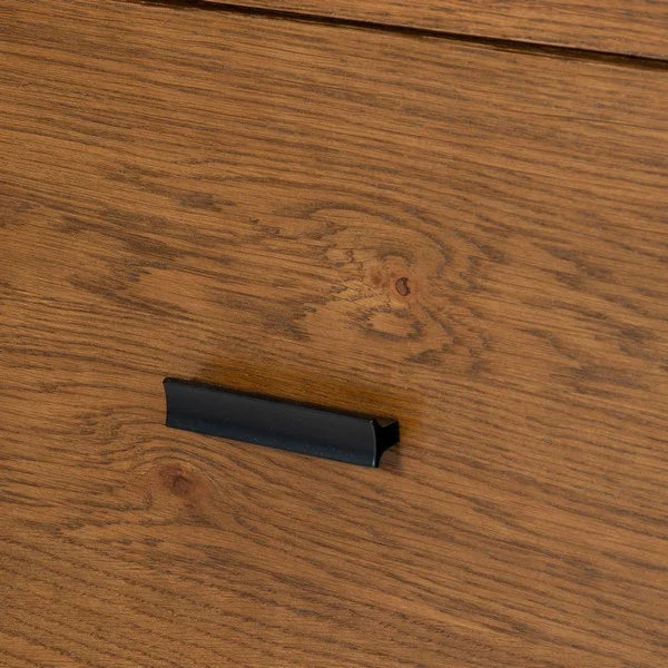 Jaylessa 4 Wood Drawer Desk in Medium Oak with Black Handles