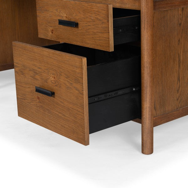 Jaylessa 4 Wood Drawer Desk in Medium Oak with Black Handles
