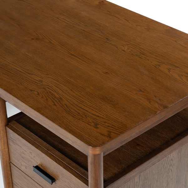 Jaylessa 4 Wood Drawer Desk in Medium Oak with Black Handles