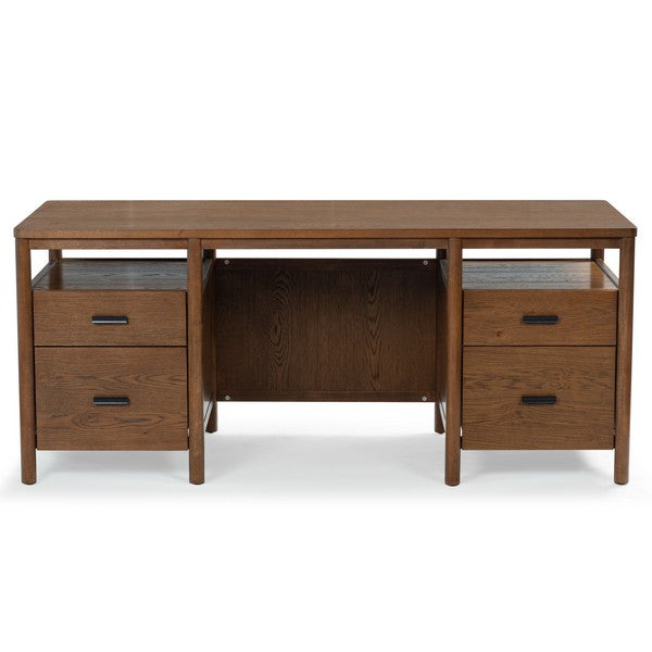 Jaylessa 4 Wood Drawer Desk in Medium Oak with Black Handles