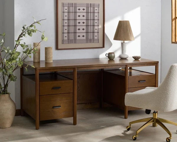 Jaylessa 4 Wood Drawer Desk in Medium Oak with Black Handles