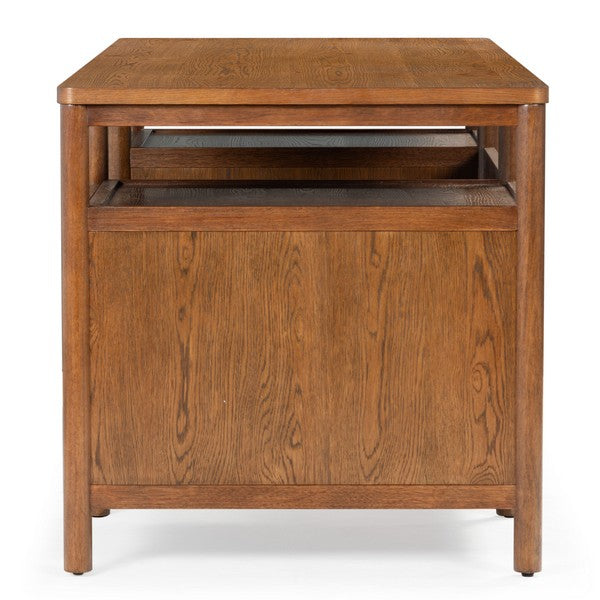Jaylessa 4 Wood Drawer Desk in Medium Oak with Black Handles