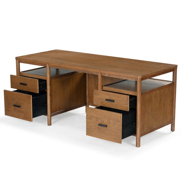 Jaylessa 4 Wood Drawer Desk in Medium Oak with Black Handles