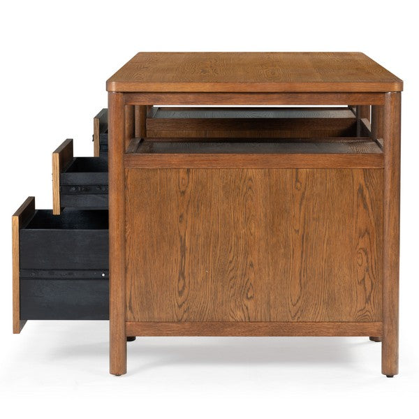 Jaylessa 4 Wood Drawer Desk in Medium Oak with Black Handles