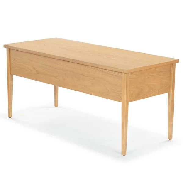 Makala 5 Drawer Wood Desk in Natural with Gold Knobs
