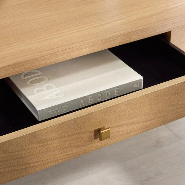 Makala 5 Drawer Wood Desk in Natural with Gold Knobs