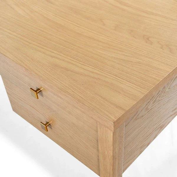 Makala 5 Drawer Wood Desk in Natural with Gold Knobs
