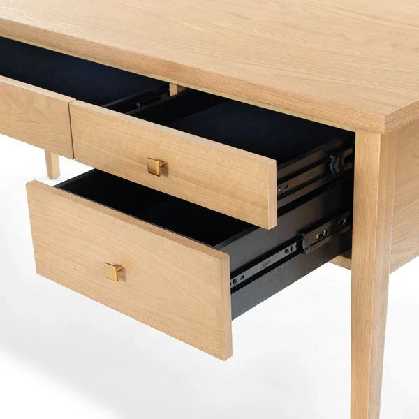 Makala 5 Drawer Wood Desk in Natural with Gold Knobs