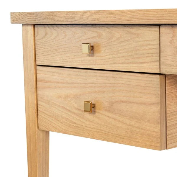 Makala 5 Drawer Wood Desk in Natural with Gold Knobs