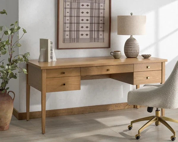 Makala 5 Drawer Wood Desk in Natural with Gold Knobs