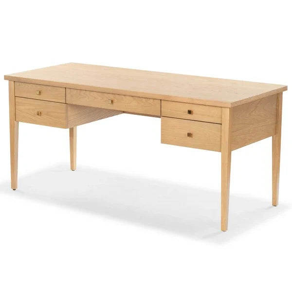 Makala 5 Drawer Wood Desk in Natural with Gold Knobs