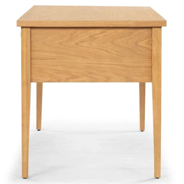 Makala 5 Drawer Wood Desk in Natural with Gold Knobs