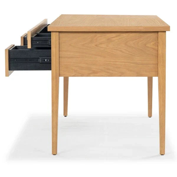 Makala 5 Drawer Wood Desk in Natural with Gold Knobs
