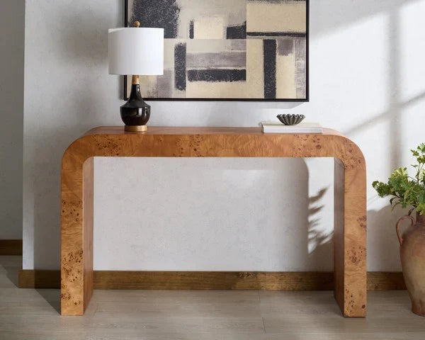 Tessly Burl Veneer Console Table in Walnut