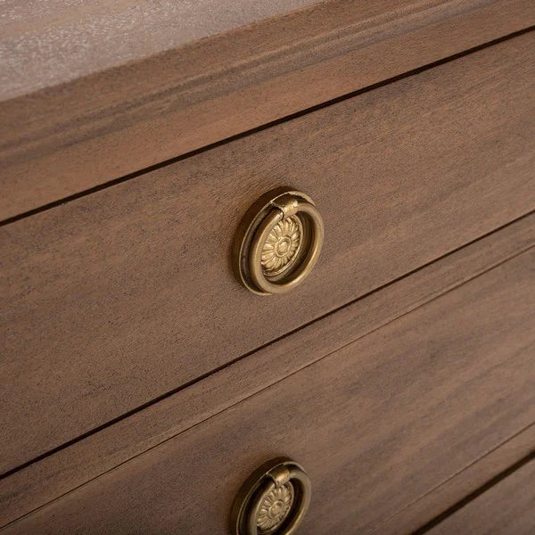 Lisabet 3 Drawer Wood Nightstand in Brown with Brass Ring Pulls