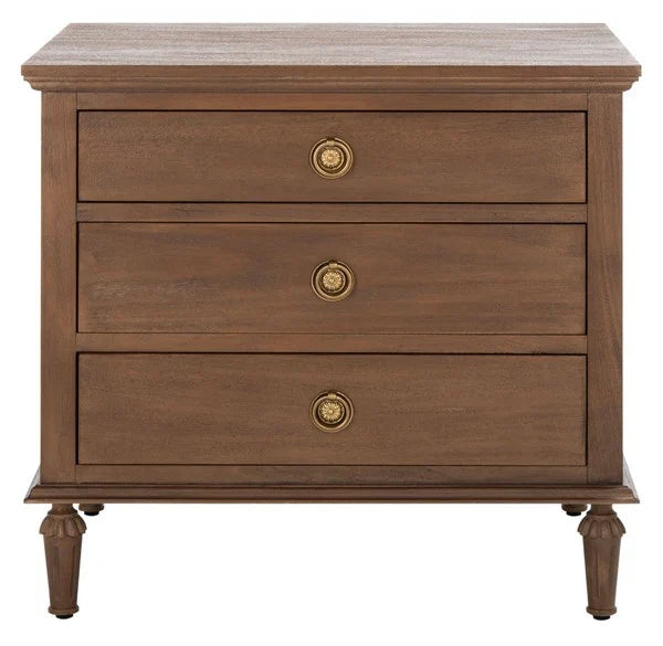 Lisabet 3 Drawer Wood Nightstand in Brown with Brass Ring Pulls