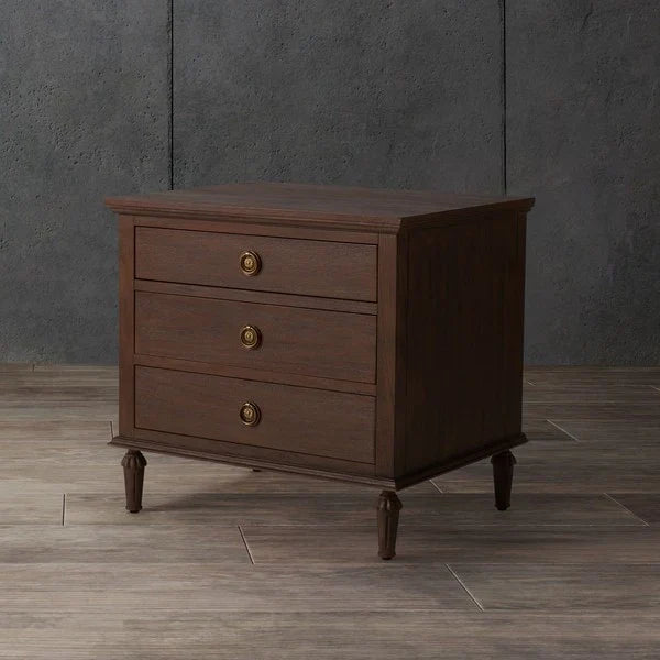 Lisabet 3 Drawer Wood Nightstand in Brown with Brass Ring Pulls