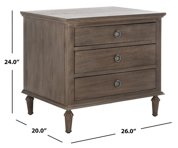 Lisabet 3 Drawer Wood Nightstand in Light Brown with Silver Ring Pulls