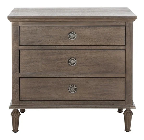 Lisabet 3 Drawer Wood Nightstand in Light Brown with Silver Ring Pulls