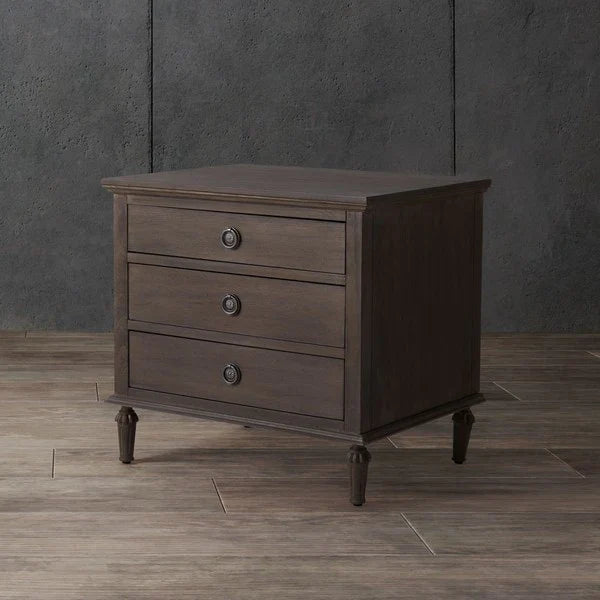 Lisabet 3 Drawer Wood Nightstand in Light Brown with Silver Ring Pulls