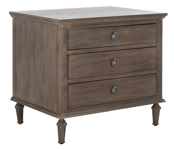 Lisabet 3 Drawer Wood Nightstand in Light Brown with Silver Ring Pulls