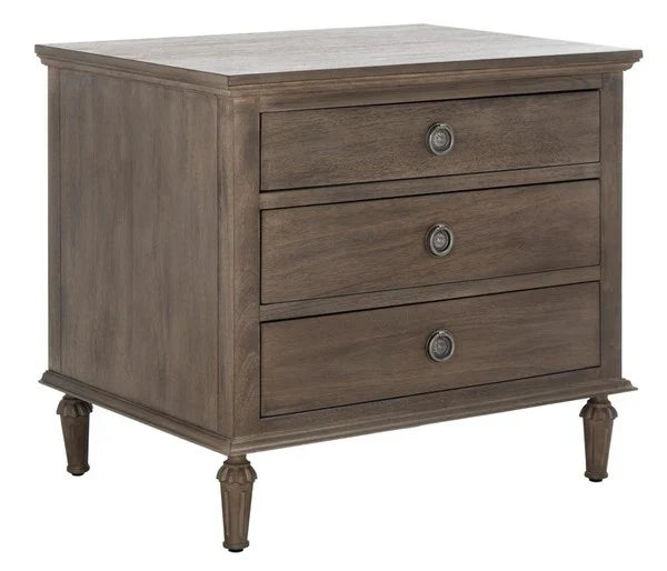 Lisabet 3 Drawer Wood Nightstand in Light Brown with Silver Ring Pulls