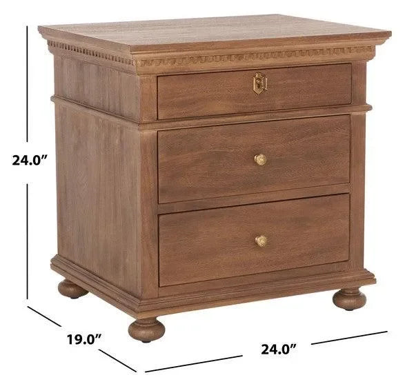 Safavieh Allisyn 3 Drawer Nightstand in Brown with Antiqued Brass Knobs