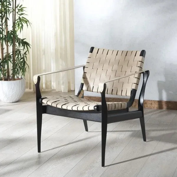 Dilan Wood Accent Chair in Black and White with Woven Leather Straps - The Mayfair Hall