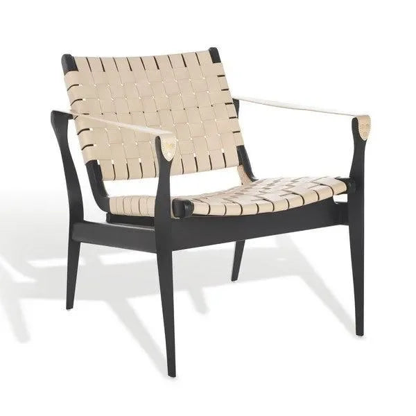 Dilan Wood Accent Chair in Black and White with Woven Leather Straps - The Mayfair Hall