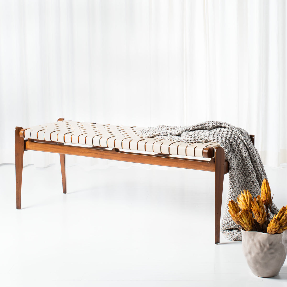 Dilan Leather Bench in White and Light Brown