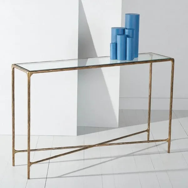 Jessa Glass Rectangle Console Table in Brass - The Mayfair Hall