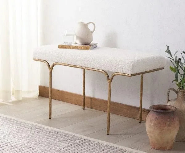 Marvin Boucle Bench in Brass and Ivory (36") - The Mayfair Hall
