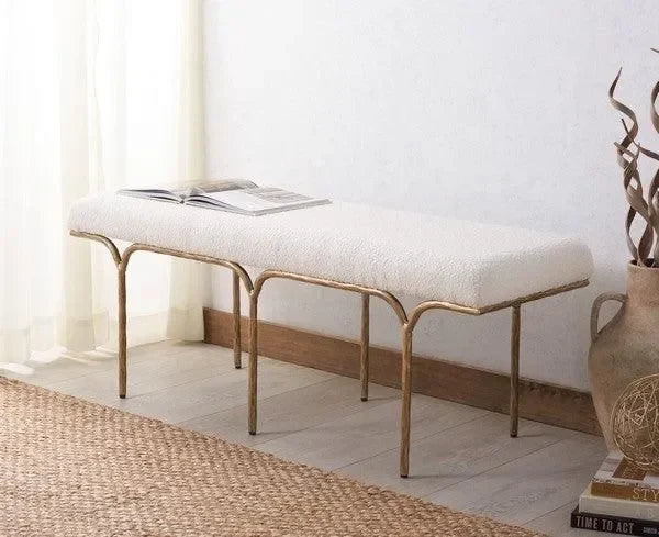 Marvin Boucle Bench in Brass and Ivory (48") - The Mayfair Hall