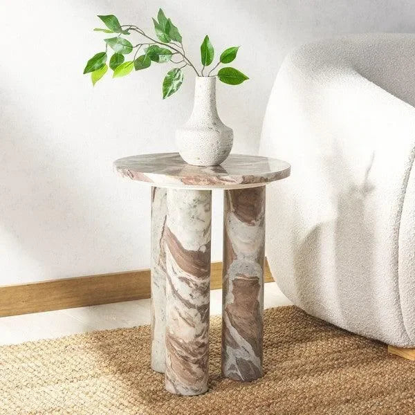Giabella Marble Accent Table in White and Brown with 3 Leg - The Mayfair Hall