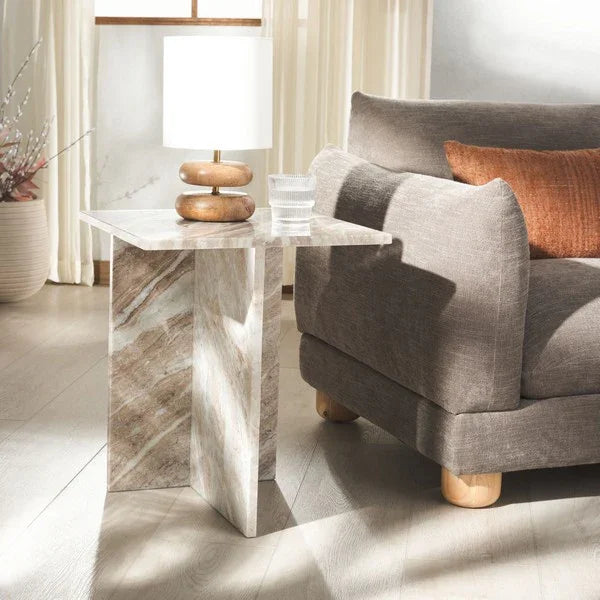 Adriano 2-Leg Marble Accent Table in White and Brown - The Mayfair Hall