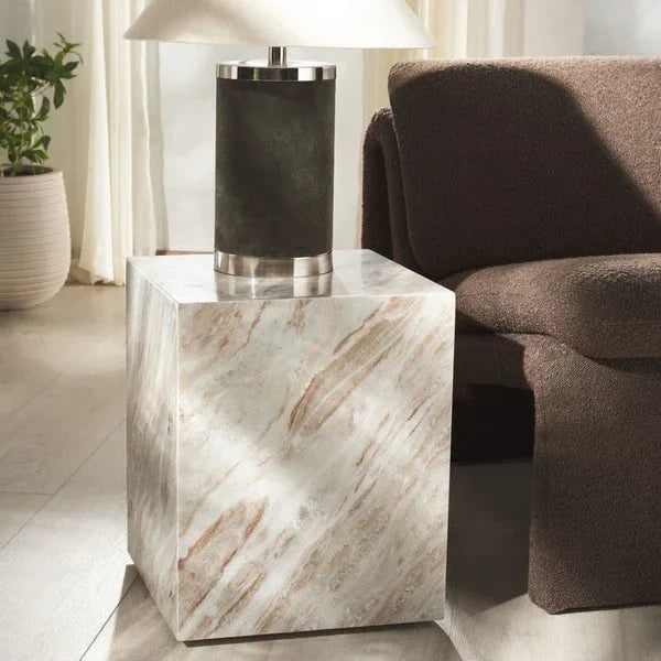 Katharina Marble Plinth Accent Table in Brown and White - The Mayfair Hall