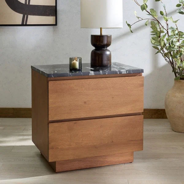 Lilybelle Wood Nightstand in Walnut with Black Marble Top