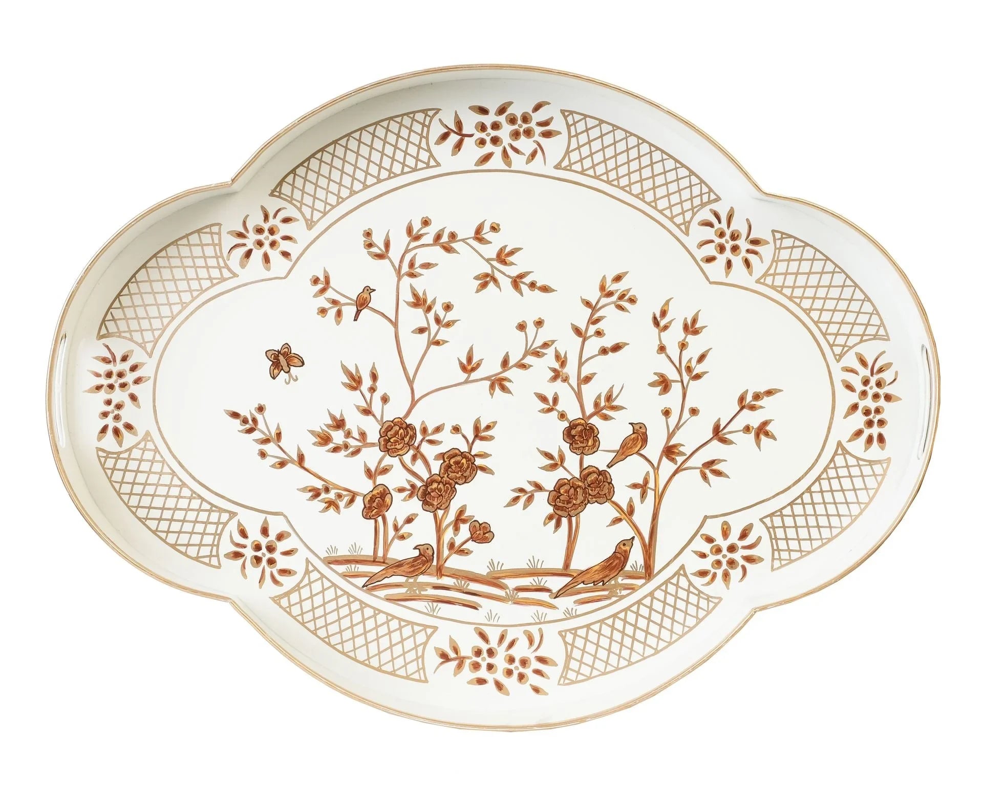 Hand Painted Metal Tray in Ivory with Scalloped Edges