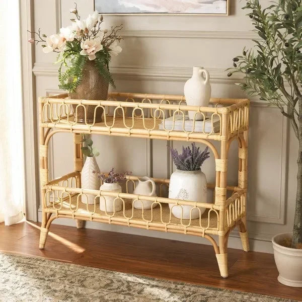 Isaiah Rattan Storage Unit in Natural with 2 Tier Shelves - The Mayfair Hall