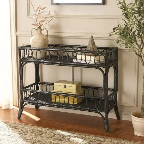 Isaiah Rattan Storage Unit in Black with 2 Tier Shelves - The Mayfair Hall