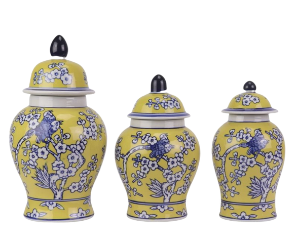 Set of 3 Yellow & Blue Floral Food Safe Jars
