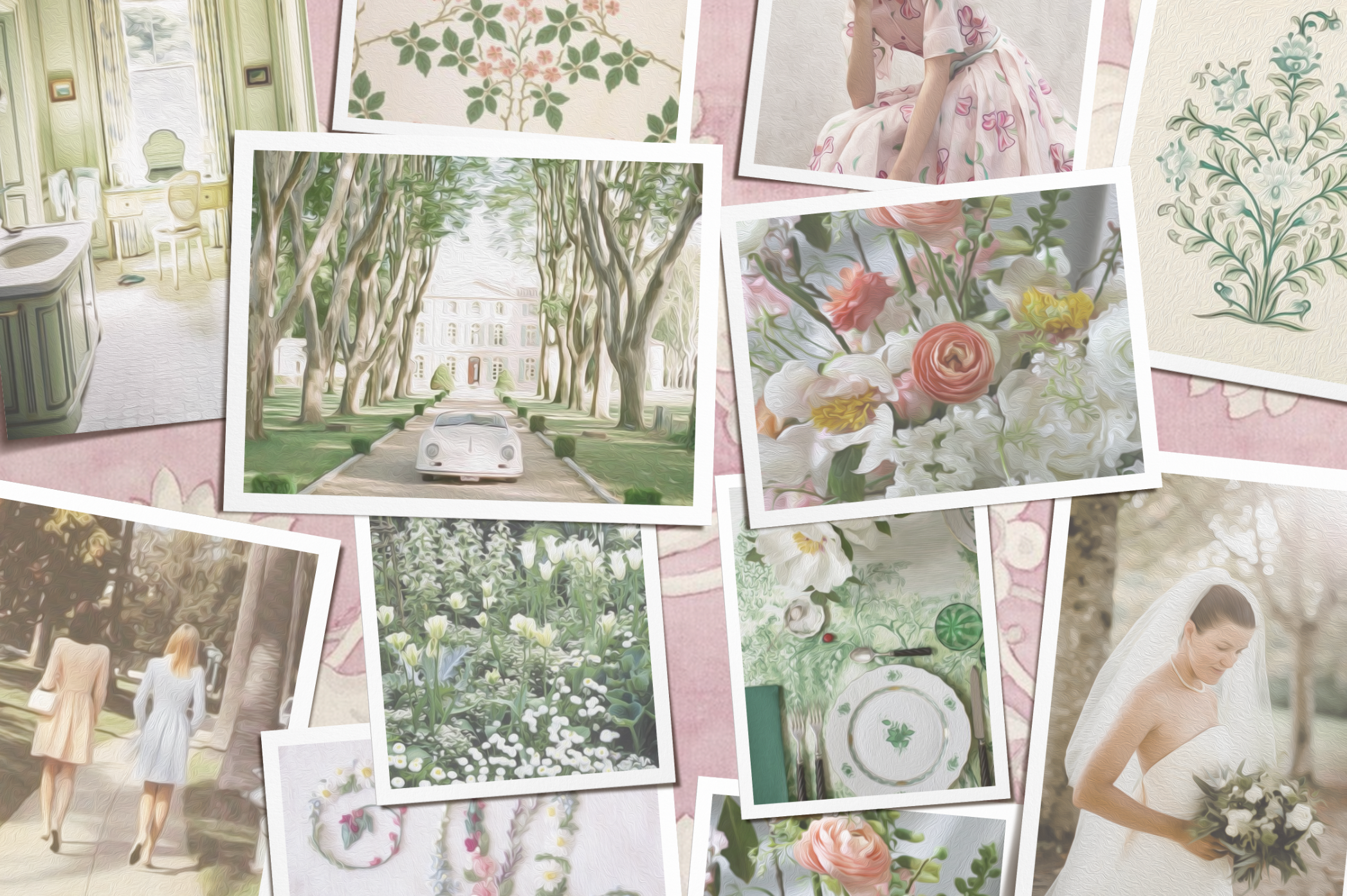Collage of soft-toned photos featuring two women walking, a vintage white car, blooming white tulips, and floral wreaths.